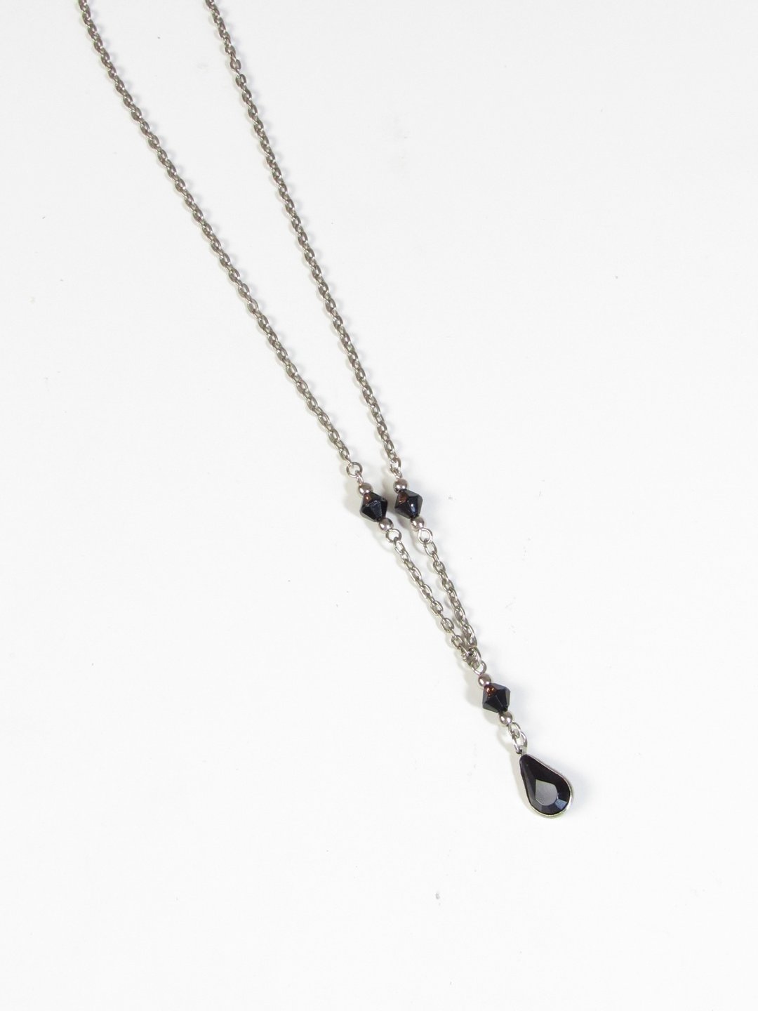 Vintage Dainty Teardrop Black Glass Silver Pendant Necklace, - 项链 - 银 银色