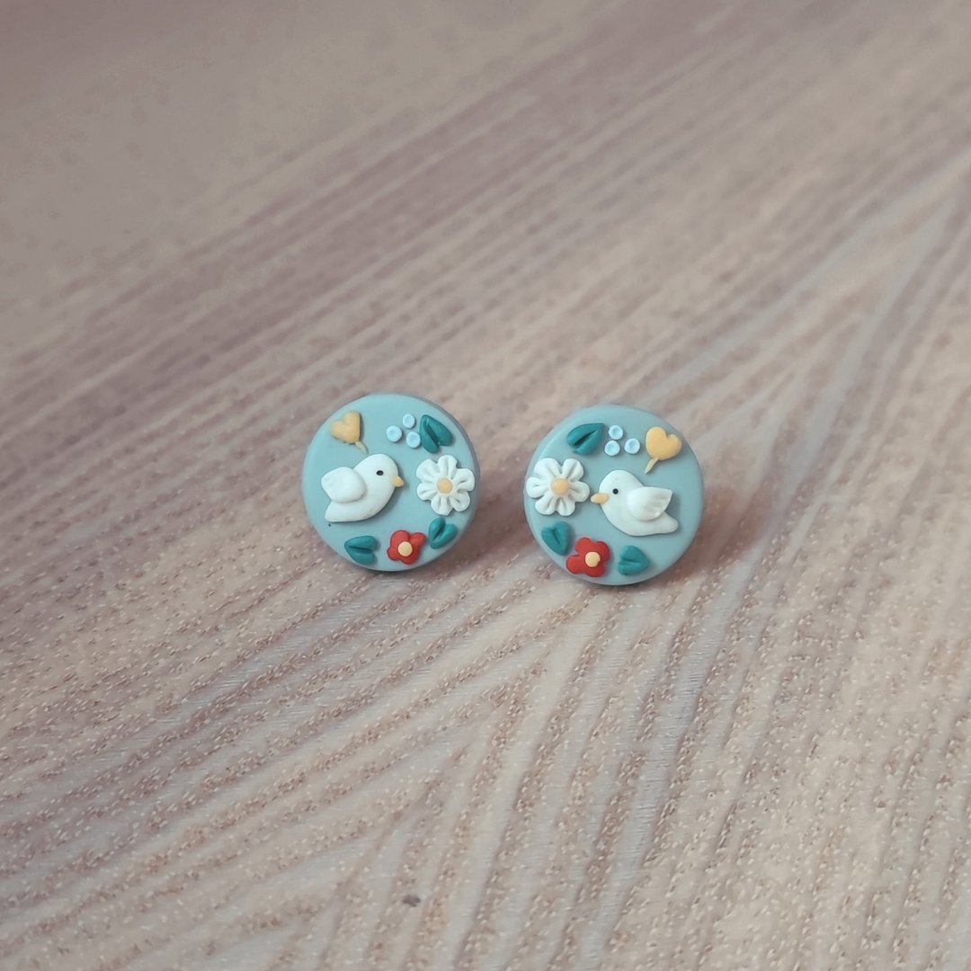 bi birdy //和平白鸽小花圈手工软陶小耳钉 - 耳环/耳夹 - 粘土 蓝色