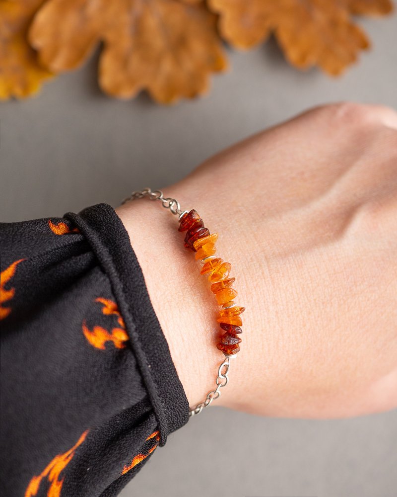 原琥珀手链，925银，牡羊座，狮子座，射手座宝石，万圣节 - 手链/手环 - 宝石 橘色