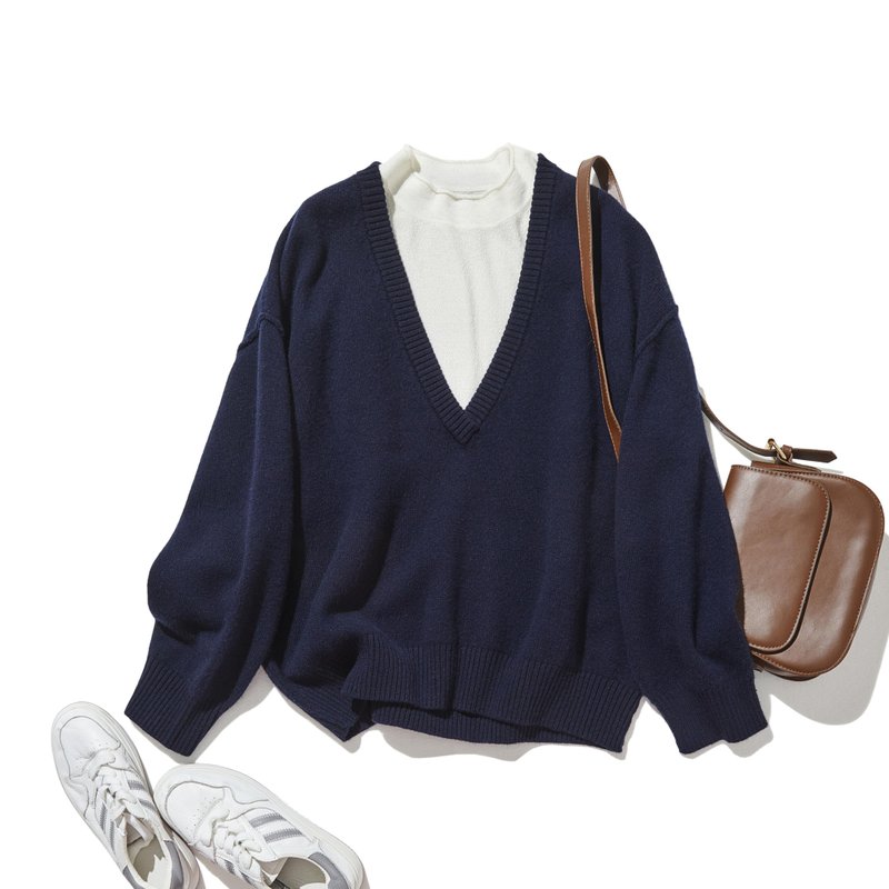 温暖疗愈。Shetland羊毛宽松版型V领毛衣 藏青色 251105-1 - 女装针织衫/毛衣 - 羊毛 蓝色