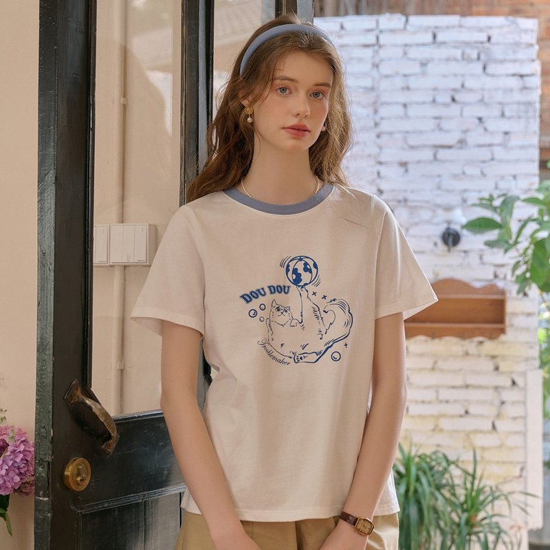 Dakota 简约圆领印花100%纯棉短袖上衣 - 女装上衣 - 棉．麻 白色