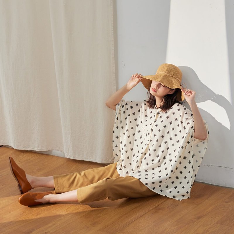 Brittany立领半开襟宽版棉质上衣/十字纹 - 女装上衣 - 棉．麻 白色