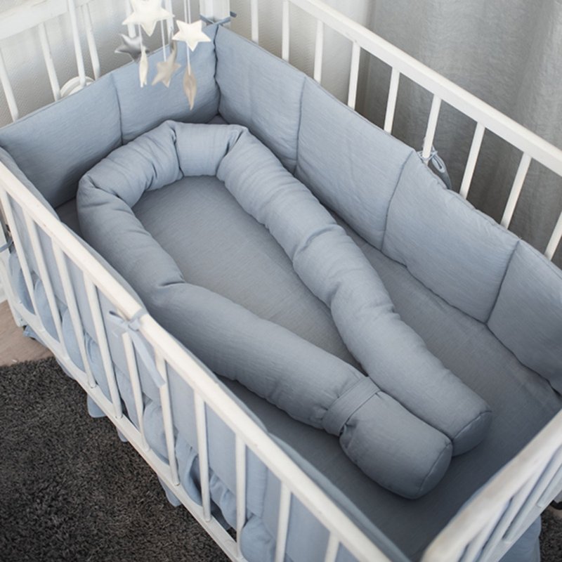 Blue oval flax (linen) bumper - baby cot bumper - snake bumper - 婴儿床上用品 - 亚麻 蓝色