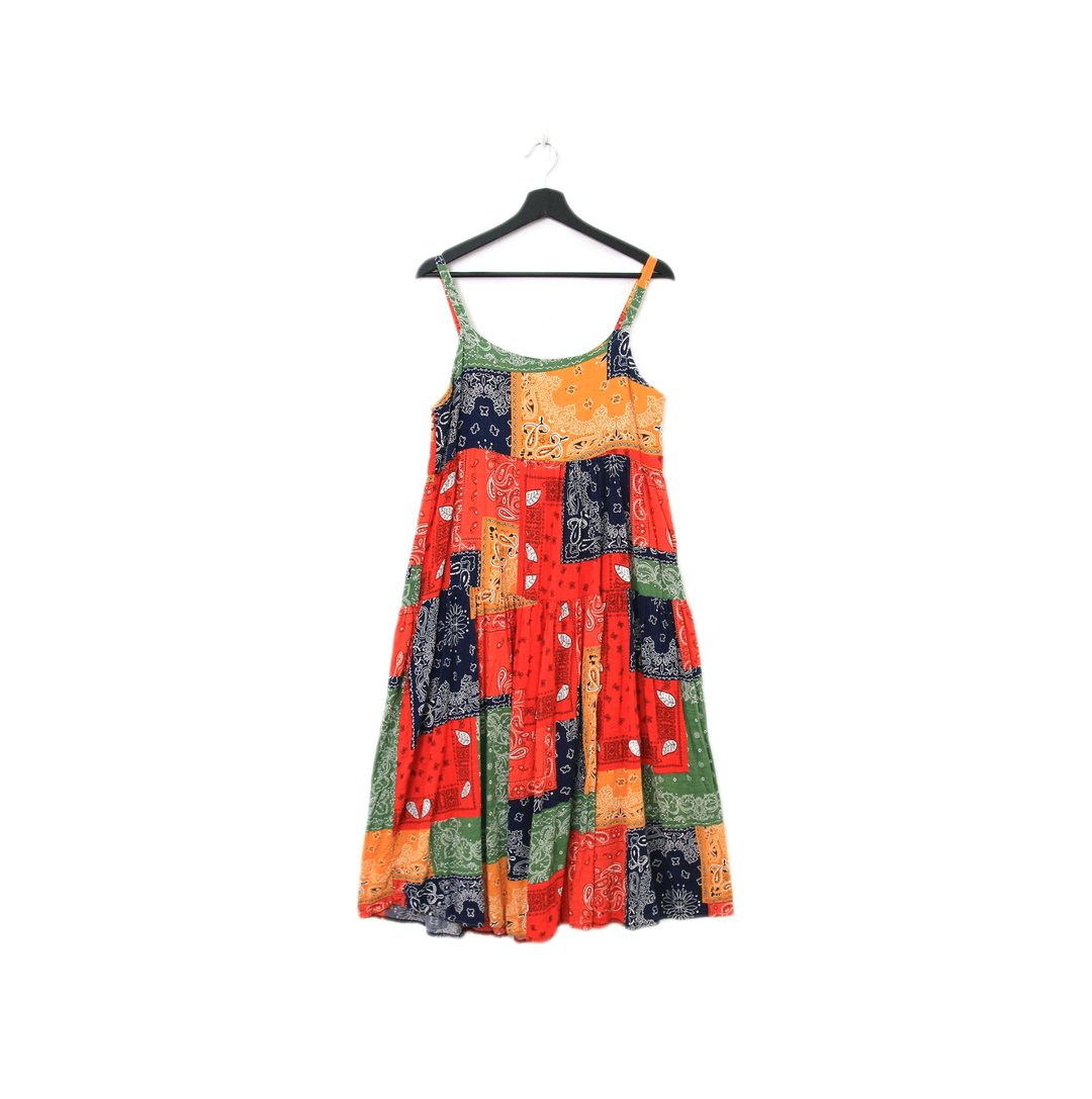 Back to Green-复古长洋装 鲜艳拼布变形虫 Ls-20//vintage dress - 洋装/连衣裙 - 棉 