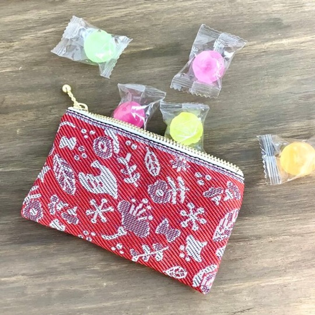 【小鸟与花朵…】榻榻米布边 扁平迷你收纳包 零钱包 信用卡夹 茜色 红色 可爱成人风 - 化妆包/杂物包 - 其他材质 红色