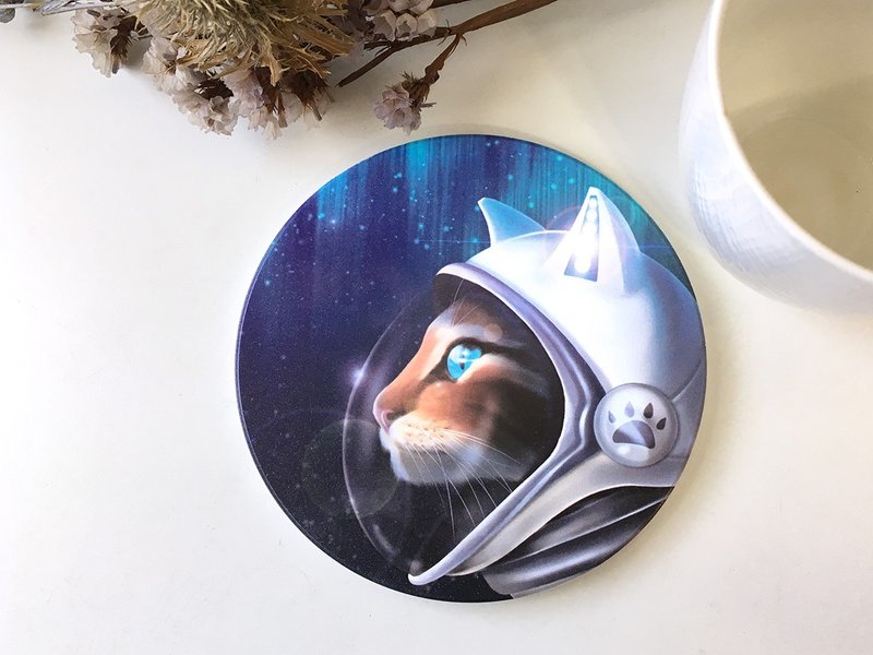 动物插画陶瓷吸水杯垫【向往太空的猫】 - 杯垫 - 陶 白色