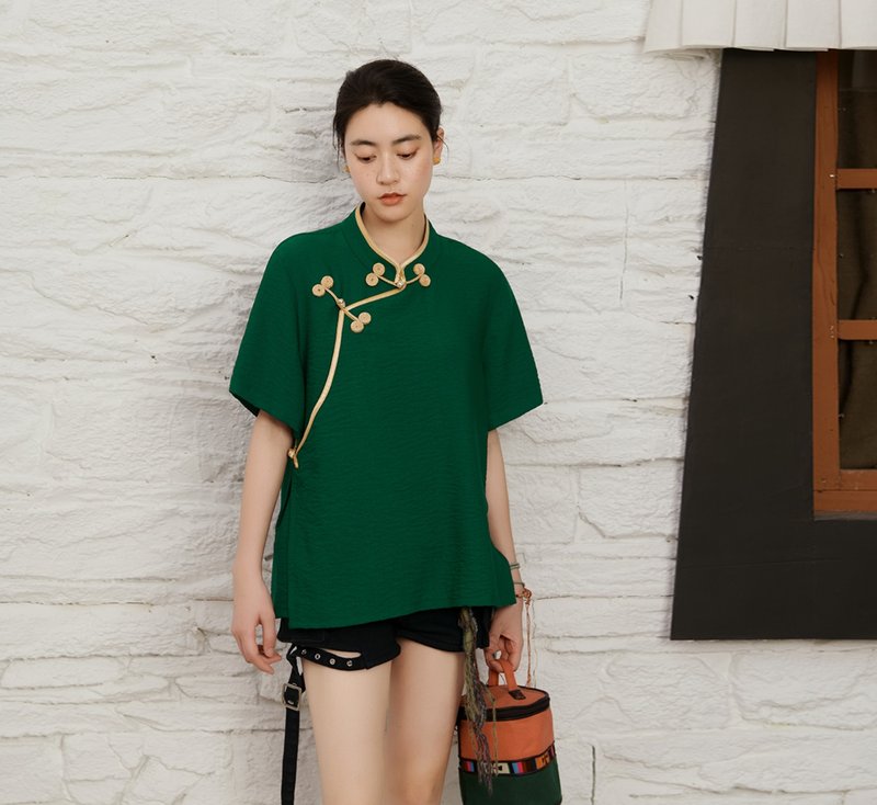 【自然之息】 城市游牧风/藏族元素金边上衣 - 女装上衣 - 其他材质 绿色