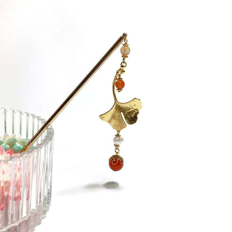 秋。银杏/枫叶。珍珠。玛瑙。日式发簪 - 发饰 - 宝石 橘色