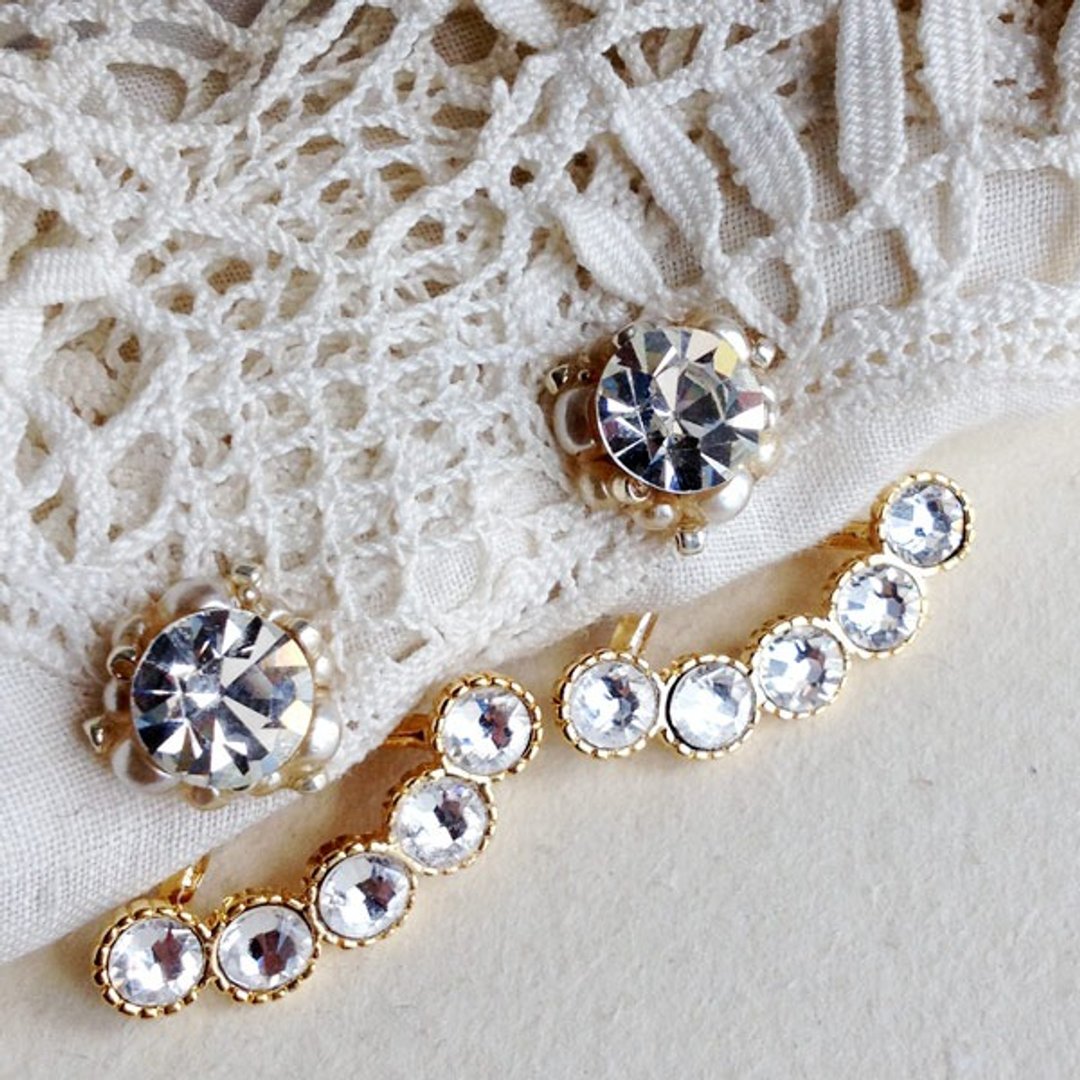 2WAY ★ 14kgf vintage Swarovski back catch Pierce 359 - 耳环/耳夹 - 玻璃 银色