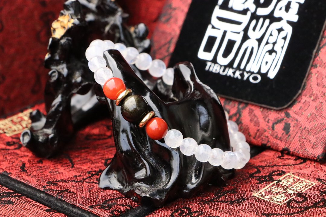 原矿天然月光石手珠 6mm圆珠 火焰纹南红玛瑙隔珠 佛珠 定制化DIY - 手链/手环 - 玉石 