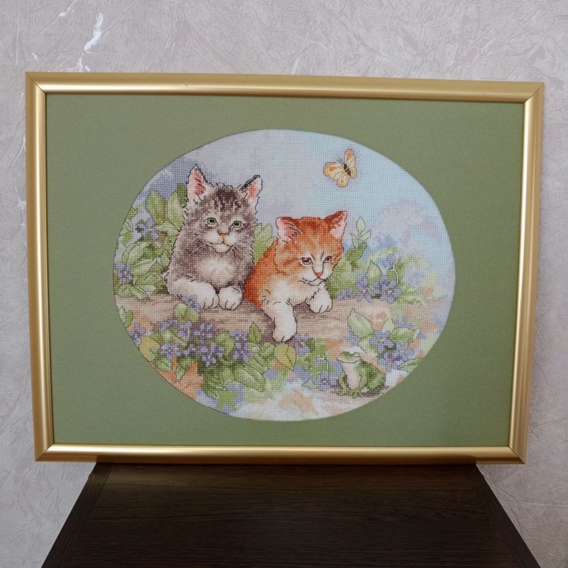 手工小猫刺绣画 独特壁饰 成品十字绣 - 墙贴/壁贴 - 棉．麻 绿色