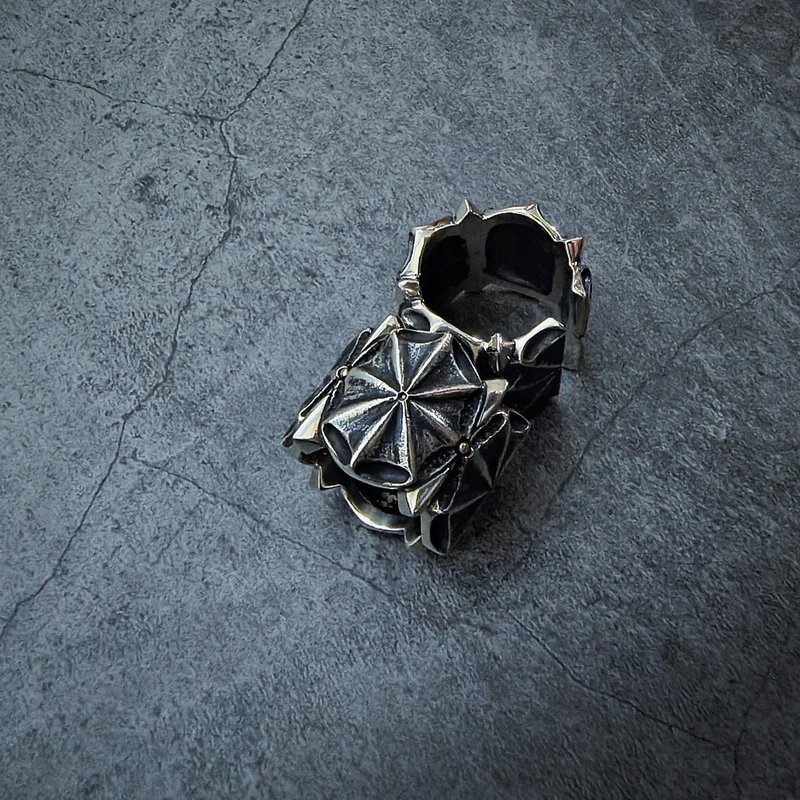 洗链系列【八芒杏纹戒】925纯银戒指/宽版戒/板指戒 - 戒指 - 纯银 银色