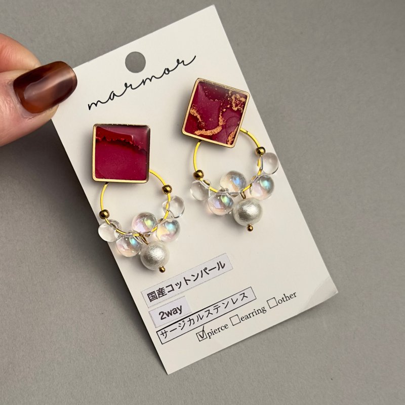 【现货1件】红色 双层设计 酒精墨水艺术 长款耳环 医疗级不锈钢 欧若拉 金色 独一无二 过敏友善 - 耳环/耳夹 - 树脂 红色