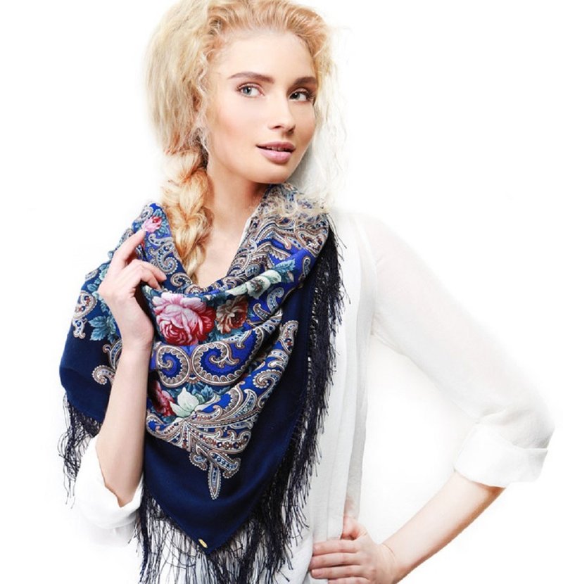 Pavlovo Posad 俄罗斯披肩 100% 羊毛围巾 125x125 厘米包裹式丝绸流苏 1437-14 - 丝巾 - 羊毛 多色