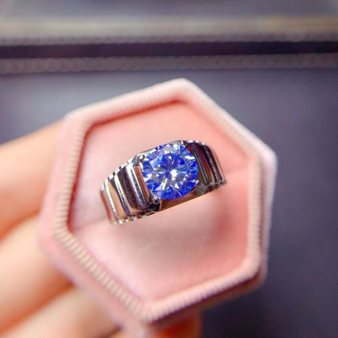 Moissanite Men's Ring, 2 Ct Blue Moissanite Ring, Moissanite Silver Ring - 戒指 - 其他金属 银色