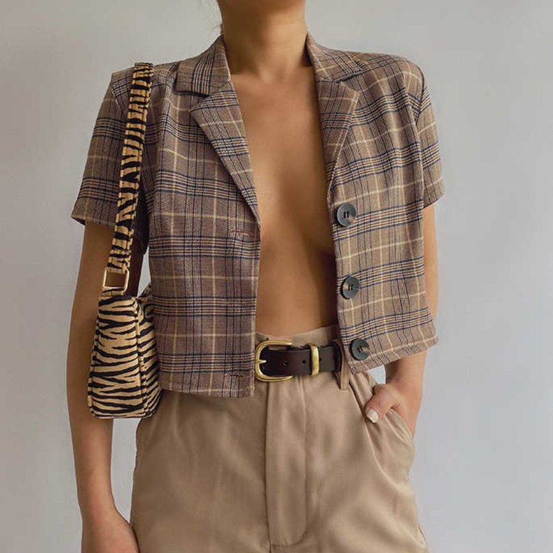 Crop Tartan Plaid Short Sleeve Top - 女装上衣 - 聚酯纤维 多色