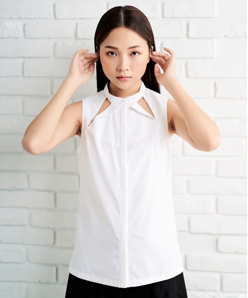 无袖造型衬衫_白色快干抗菌机能布料 - 女装衬衫 - 其他材质 白色