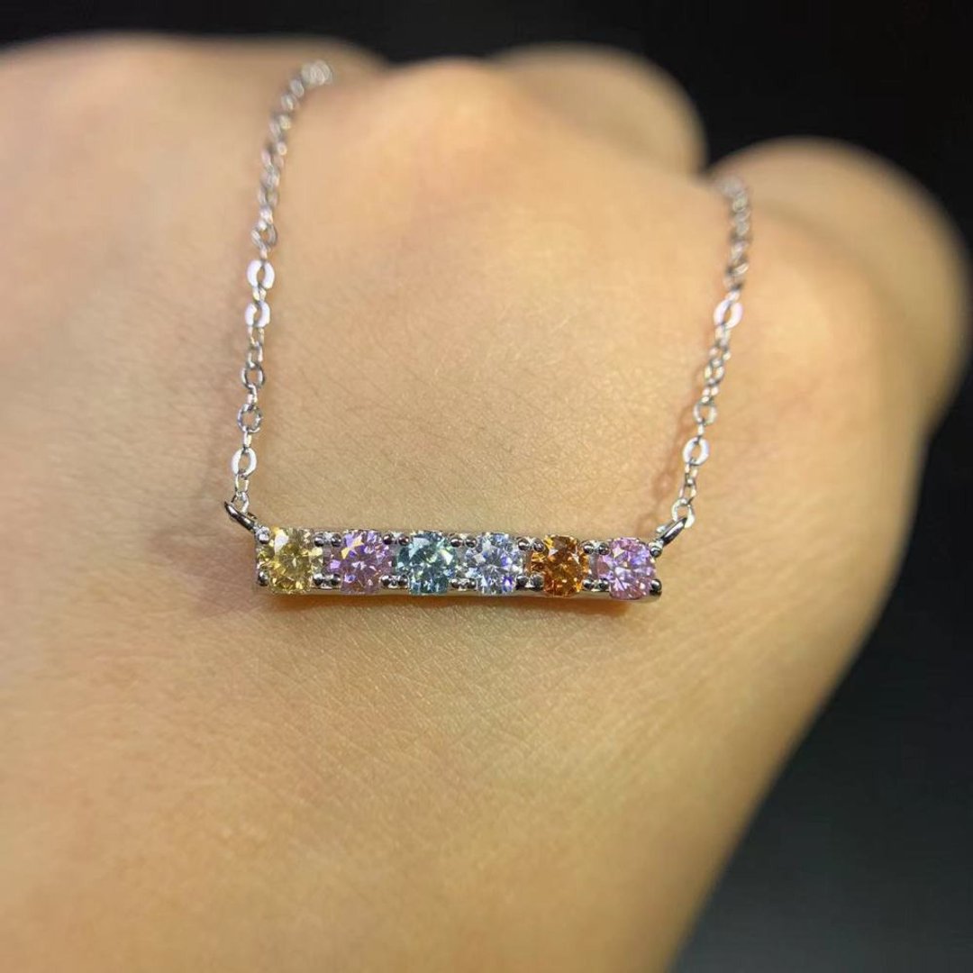 Moissanite Bar Necklace, Colorful Moissanite Necklace, Silver Bar Necklace - 项链 - 其他金属 银色