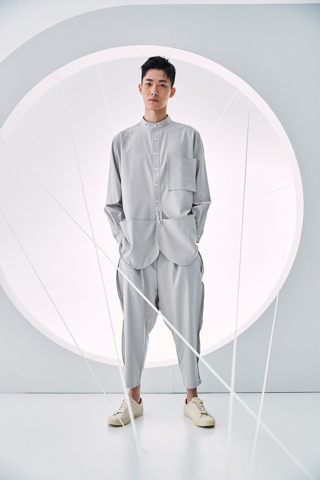 立领口袋衬衫 - 男装衬衫 - 棉．麻 灰色