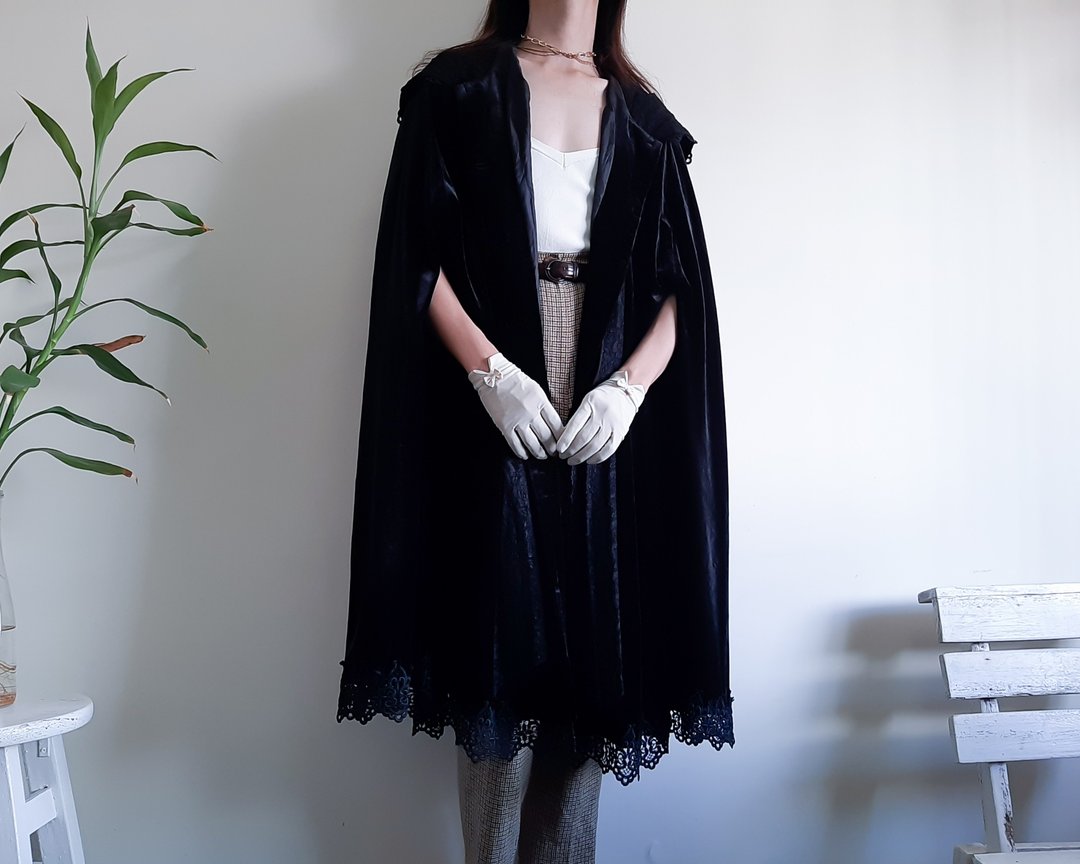复古天鹅绒连帽斗篷斗篷 60 年代 70 年代黑色天鹅绒歌剧院斗篷维 - 女装休闲/机能外套 - 聚酯纤维 黑色