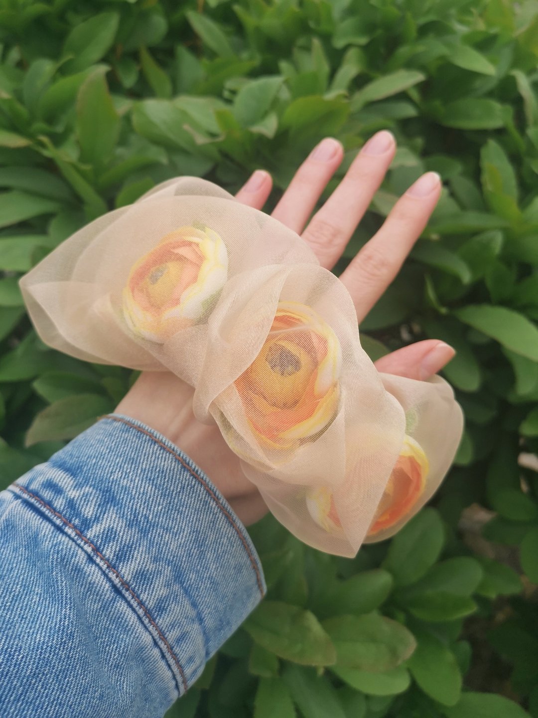 带有黄色小花的米杏色欧根纱大抓夹 - 花朵弹性发圈 - 发饰 - 聚酯纤维 黄色