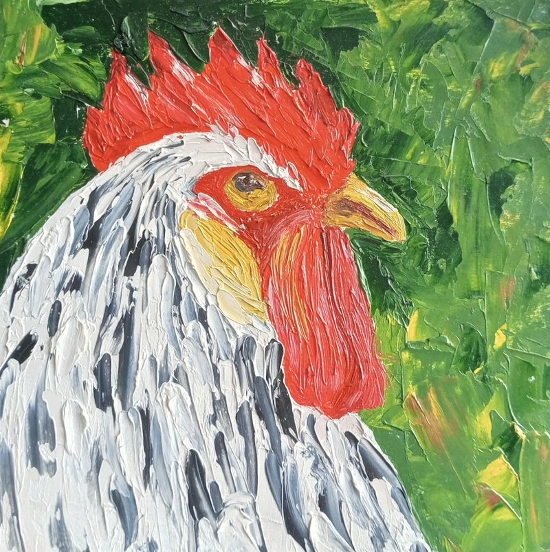 Rooster Oil Painting Farm Original Art Bird portrait Rooster Wall Decor Tiny Art - 海报/装饰画/版画 - 颜料 绿色