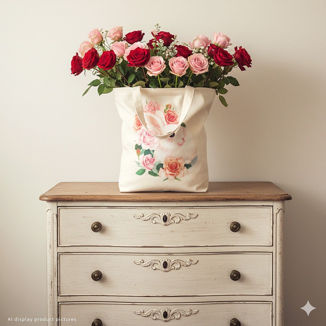 手绘插画 · 花兔帆布袋 (C 款。玫瑰花) - 侧背包/斜挎包 - 棉．麻 