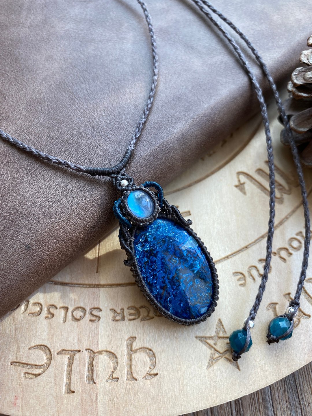 N350 蜡线编织 月光石 蓝硅铜矿石 (shattuckite) 纯银珠 项链 - 项链 - 宝石 蓝色