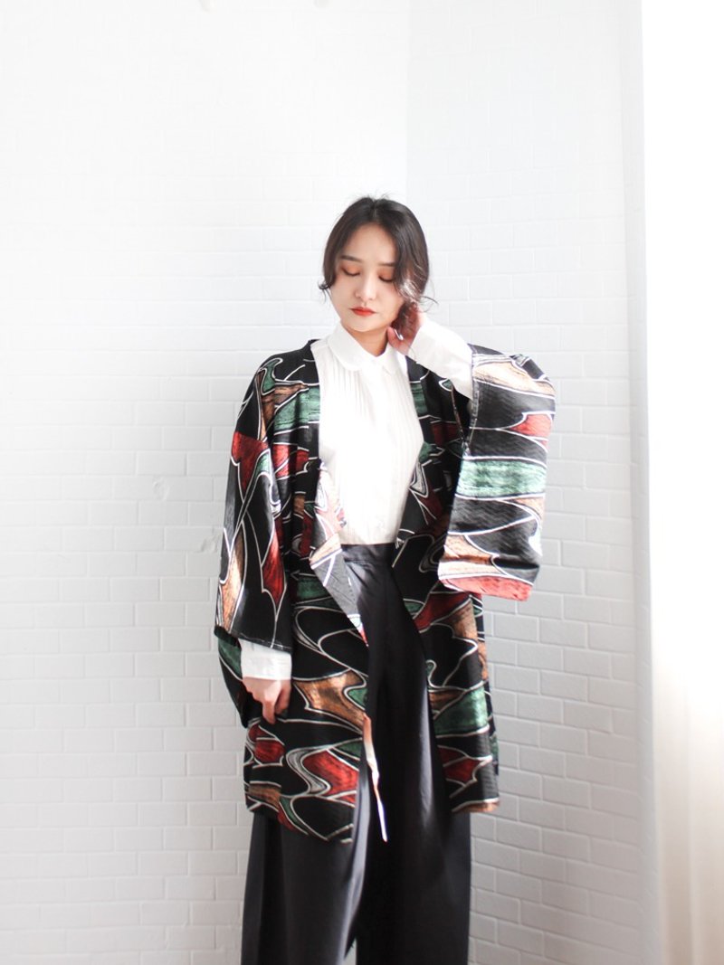 春夏日本制和风波纹印花气质黑色羽织和服外套 - 女装休闲/机能外套 - 聚酯纤维 黑色
