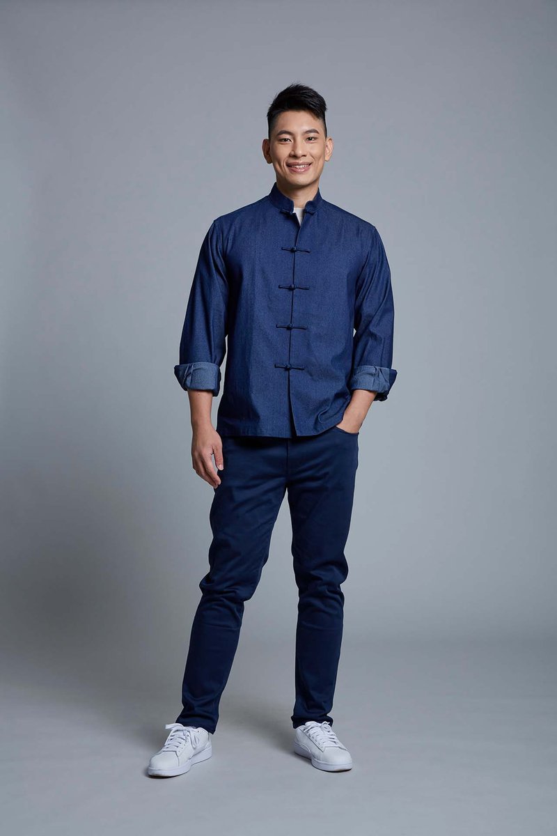 中式唐装牛仔裇衫 |上班衣着|香港设计|休闲|外套|古典|中西合璧 - 旗袍 - 聚酯纤维 蓝色