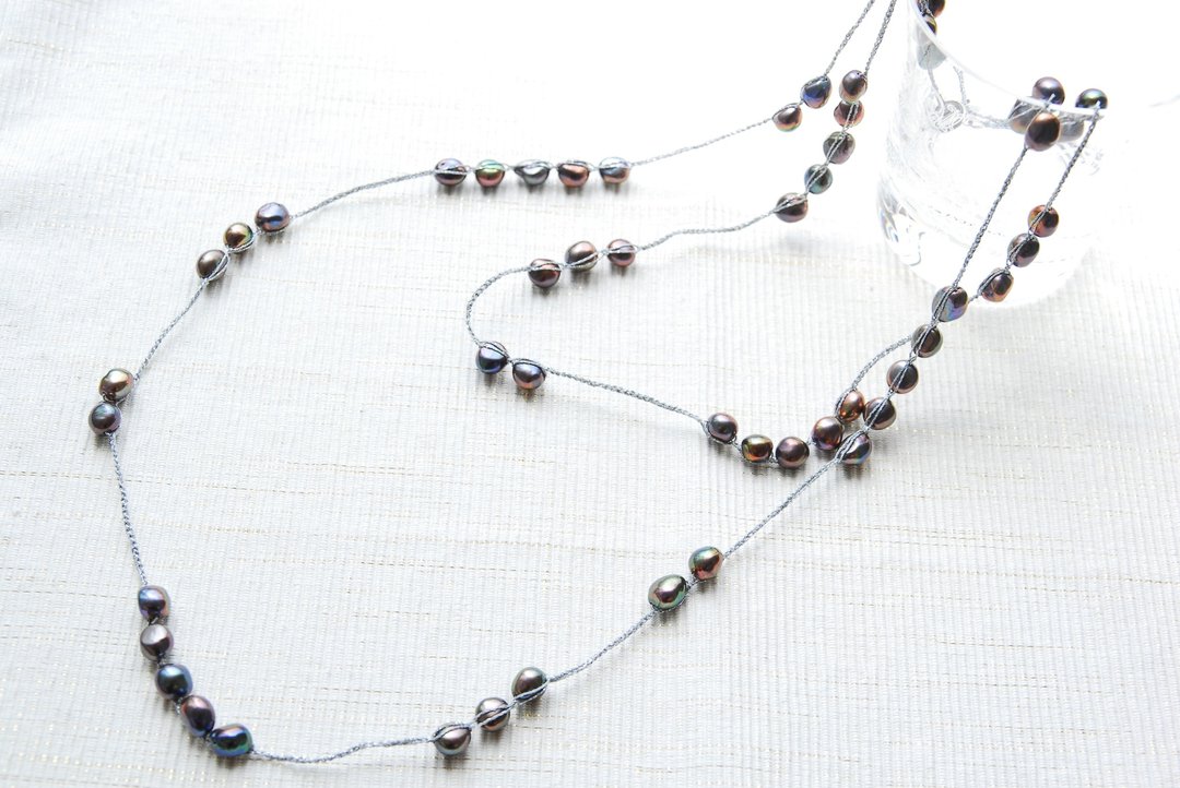 Navy Baroque Pearl Crochet Necklace - 项链 - 宝石 蓝色