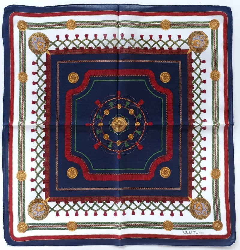 Celine Paris 古董手帕 - 马术纹章风格 19 x 18.5 英寸 - 手帕/方巾 - 棉．麻 蓝色