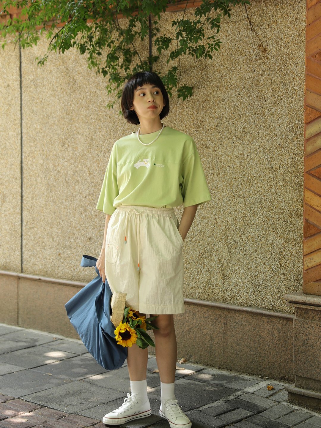 oddmaker 小狗清新嫩绿夏季新款校园通勤宽松休闲五分袖t恤女短袖 - 女装 T 恤 - 棉．麻 