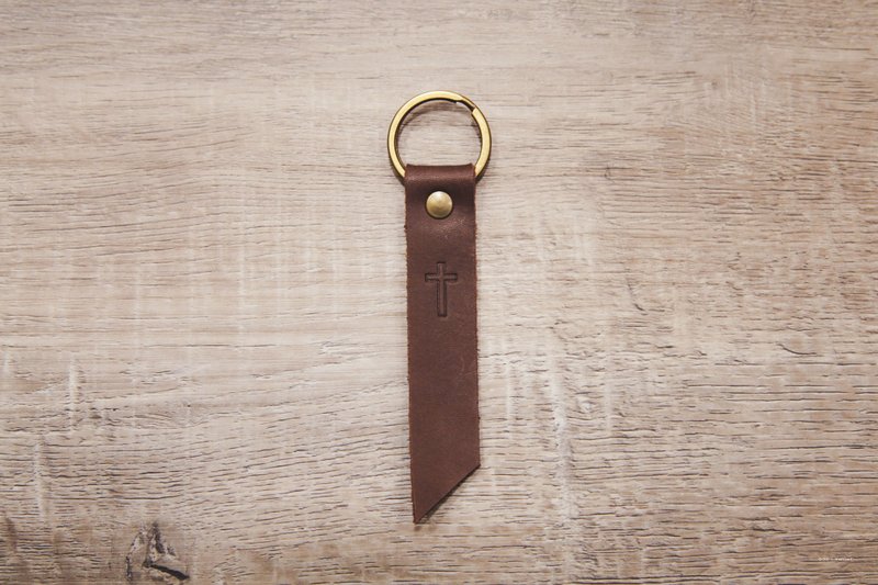 真皮革手工钥匙圈 十字架 福音吊饰 深咖啡色 - 吊饰 - 纸 咖啡色