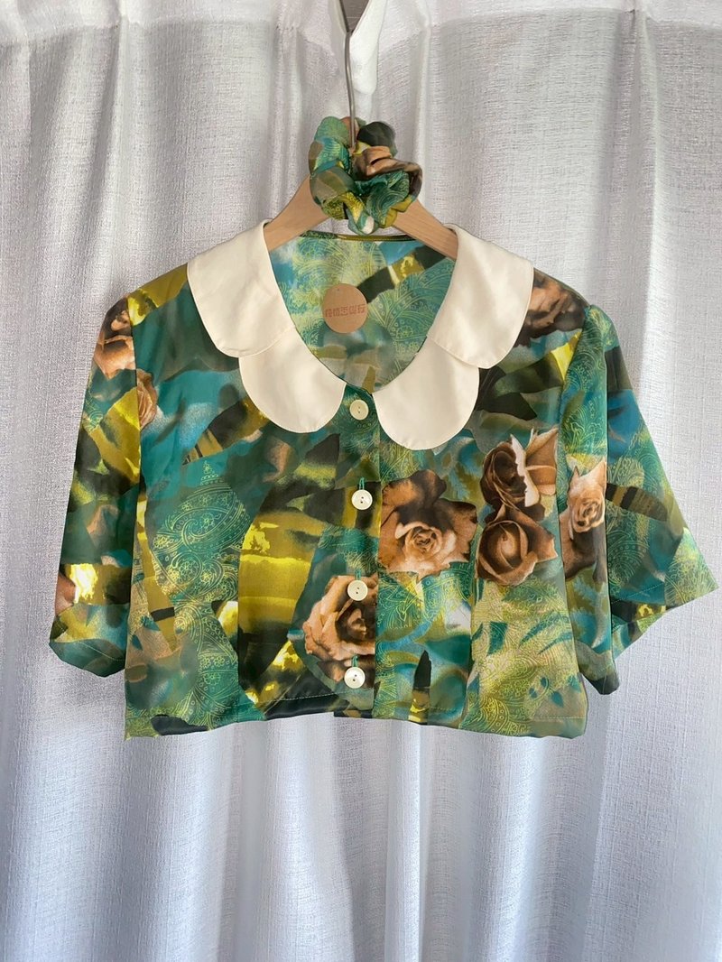 纯情百货行 Vintage 改制 古着短版上衣  LS041 玫瑰午茶短版衬衫 - 女装衬衫 - 聚酯纤维 绿色