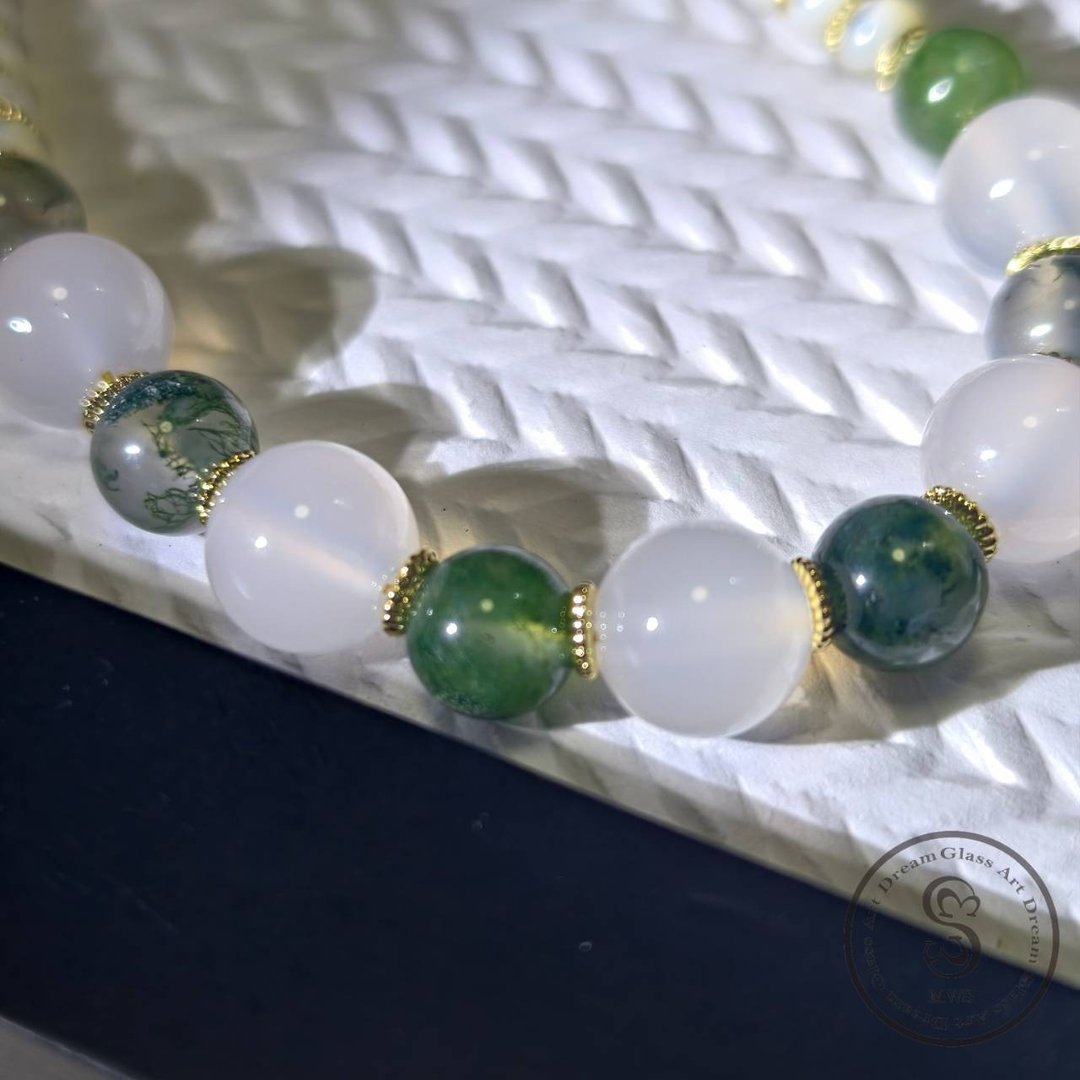 【Dream Crystal Art】水草玛瑙荔枝冻白水晶贝珠挂饰/吊饰 - 吊饰 - 半宝石 绿色