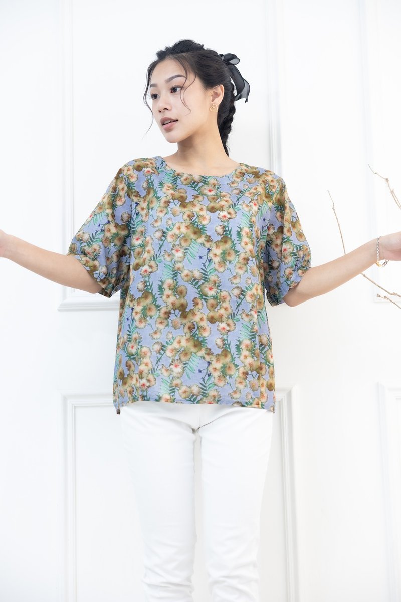 黄色蒲公英两侧口袋短袖上衣 浅蓝色 - 女装 T 恤 - 其他材质 蓝色