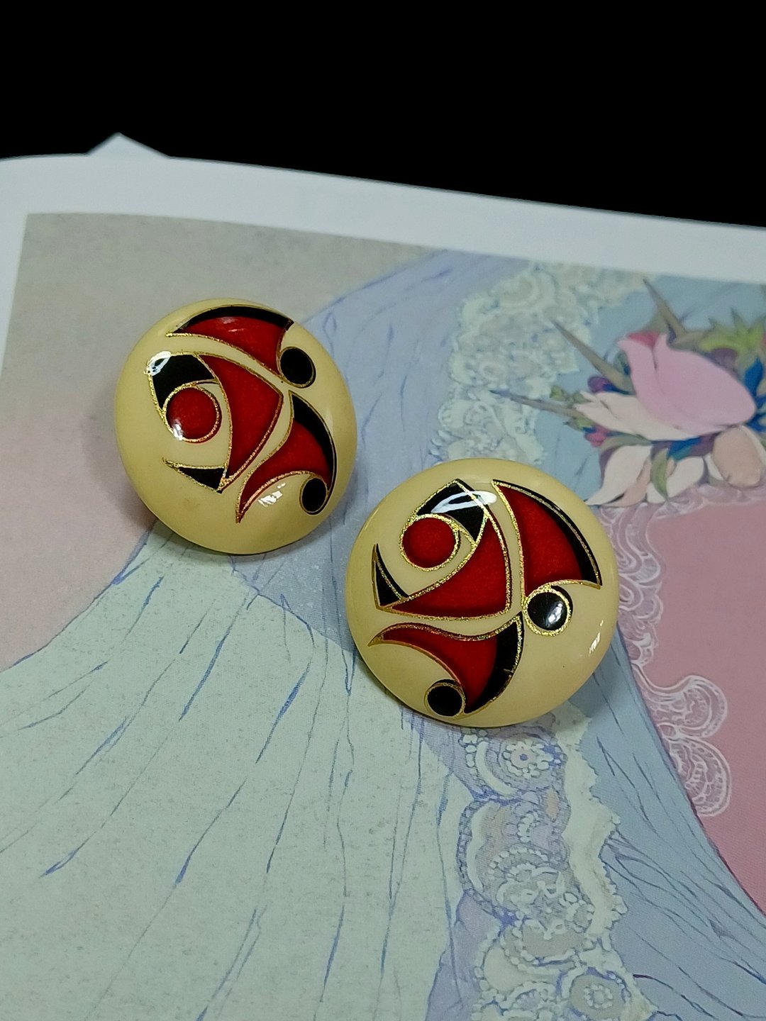 vintage jewelry  陶瓷民族风图腾 针式耳环 - 耳环/耳夹 - 其他金属 