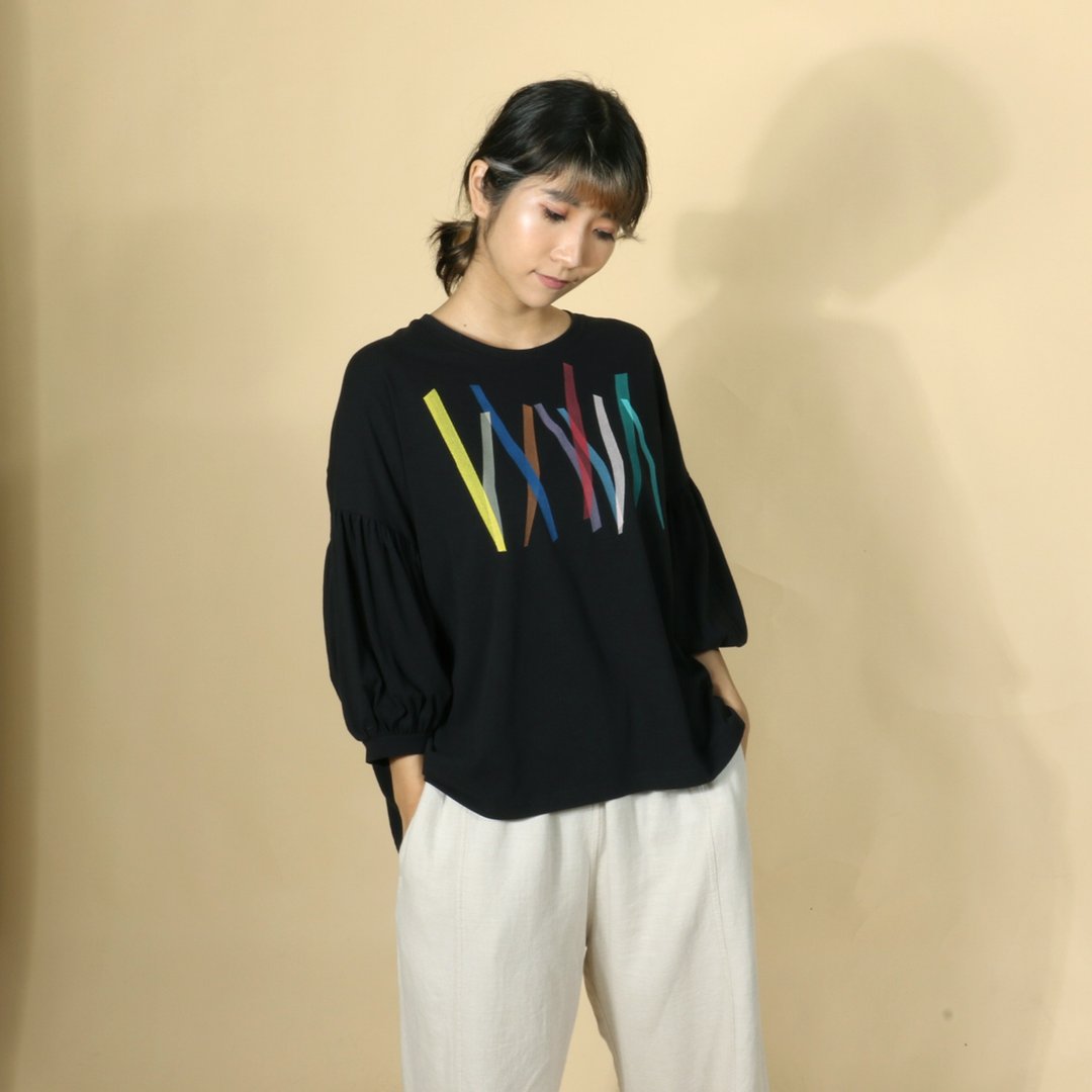 Cognoscenti 黑 宽袖上衣  几何/手作/绢印 - 女装上衣 - 棉．麻 黑色