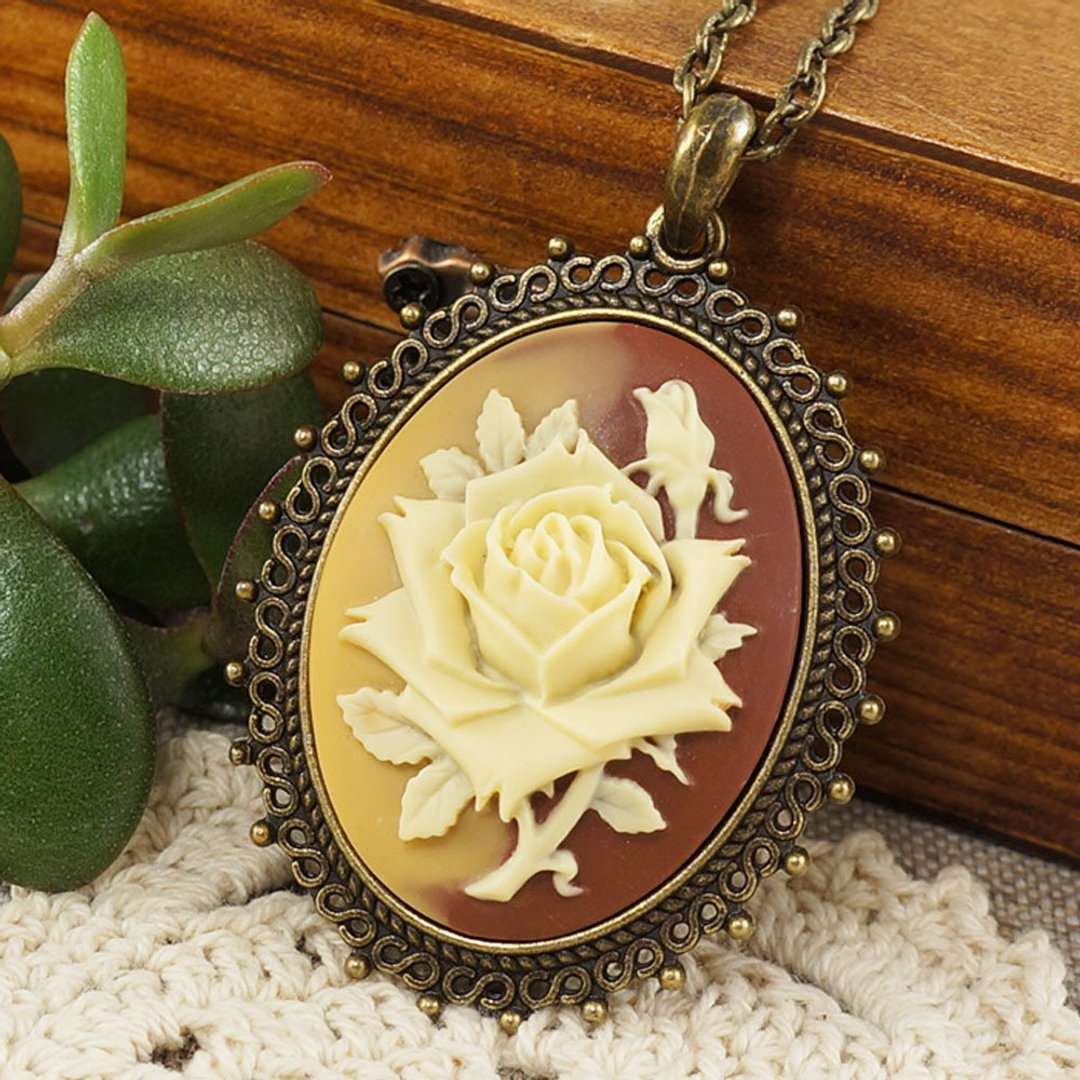 Ivory Tea Rose Flower Cameo Necklace Yellow Brown Cameo Pendant Necklace Jewelry - 项链 - 其他材质 咖啡色
