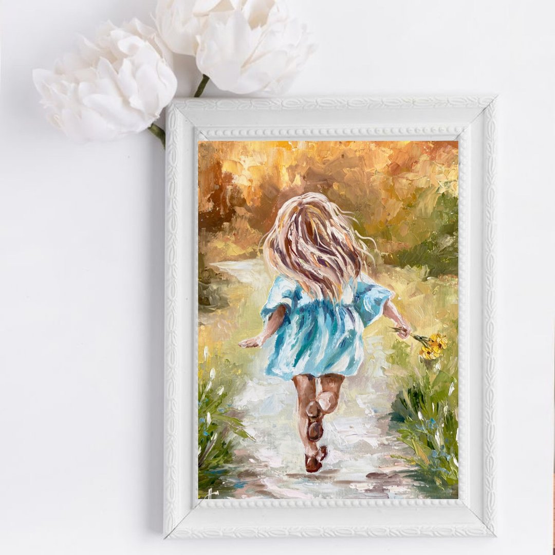Girl original oil Painting Summer artwork Little girl wall art - 海报/装饰画/版画 - 其他材质 多色