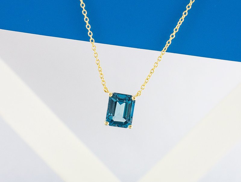 Edith & Jaz • 伦敦蓝托帕斯石长方形纯银颈链 (金色) - 锁骨链 - 宝石 蓝色