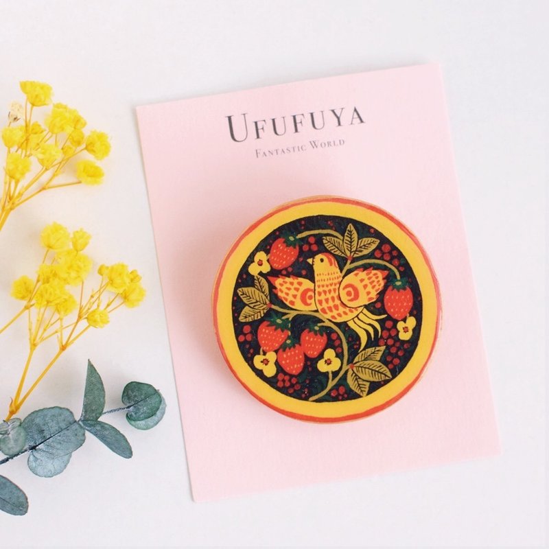 Yellow bird brooch Hofroma painted Russian motif Ufufuya - 胸针 - 粘土 黄色