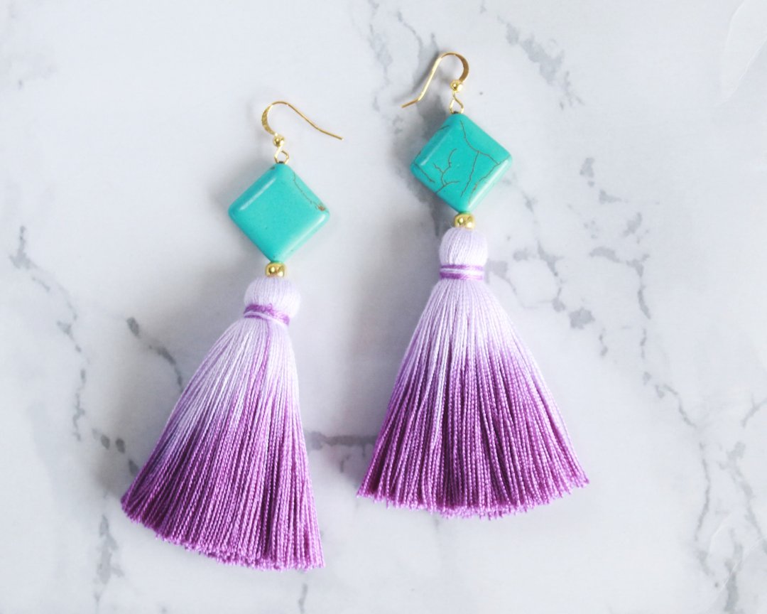 Colorful Purple Ombre Cotton Tassel Earrings For Women Turquoise Jewelry - 耳环/耳夹 - 棉 紫色