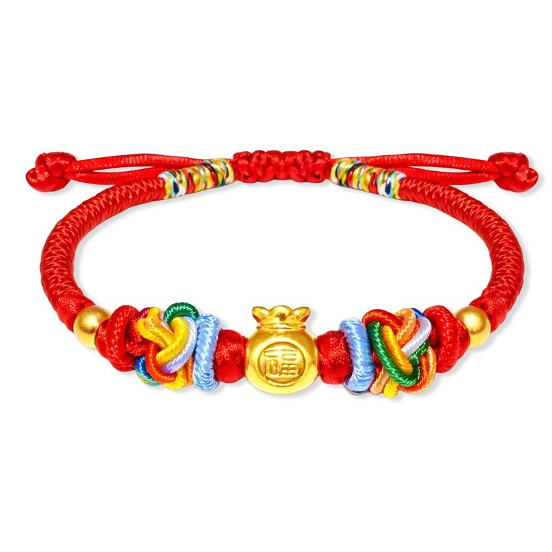 【童乐绘金饰】聚福金袋 儿童红绳手链 约重 0.05 钱 - 满月礼盒 - 24k 金 金色