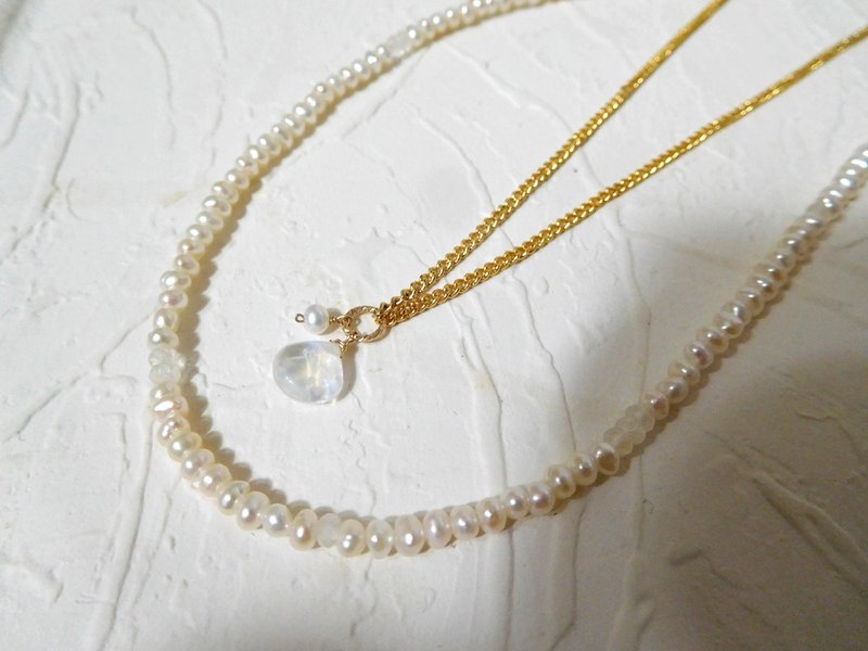 特制合金基本款珍珠月光石双层短链组 可分开配戴 预定款 - 项链 - 其他金属 金色