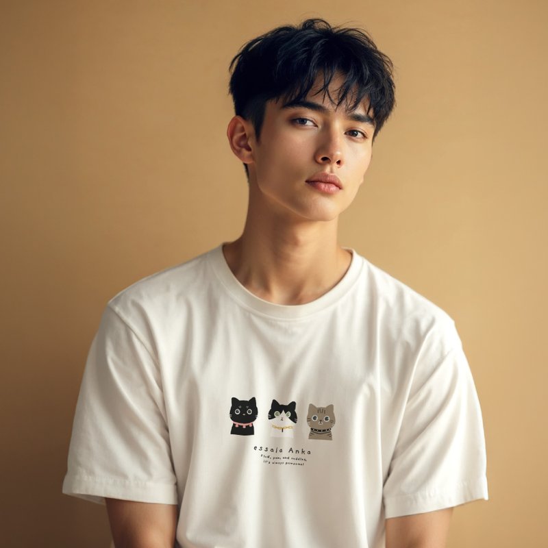 Essala T-Shirt 可爱猫咪印花T恤 - Anka02 - 男装上衣/T 恤 - 棉．麻 黑色