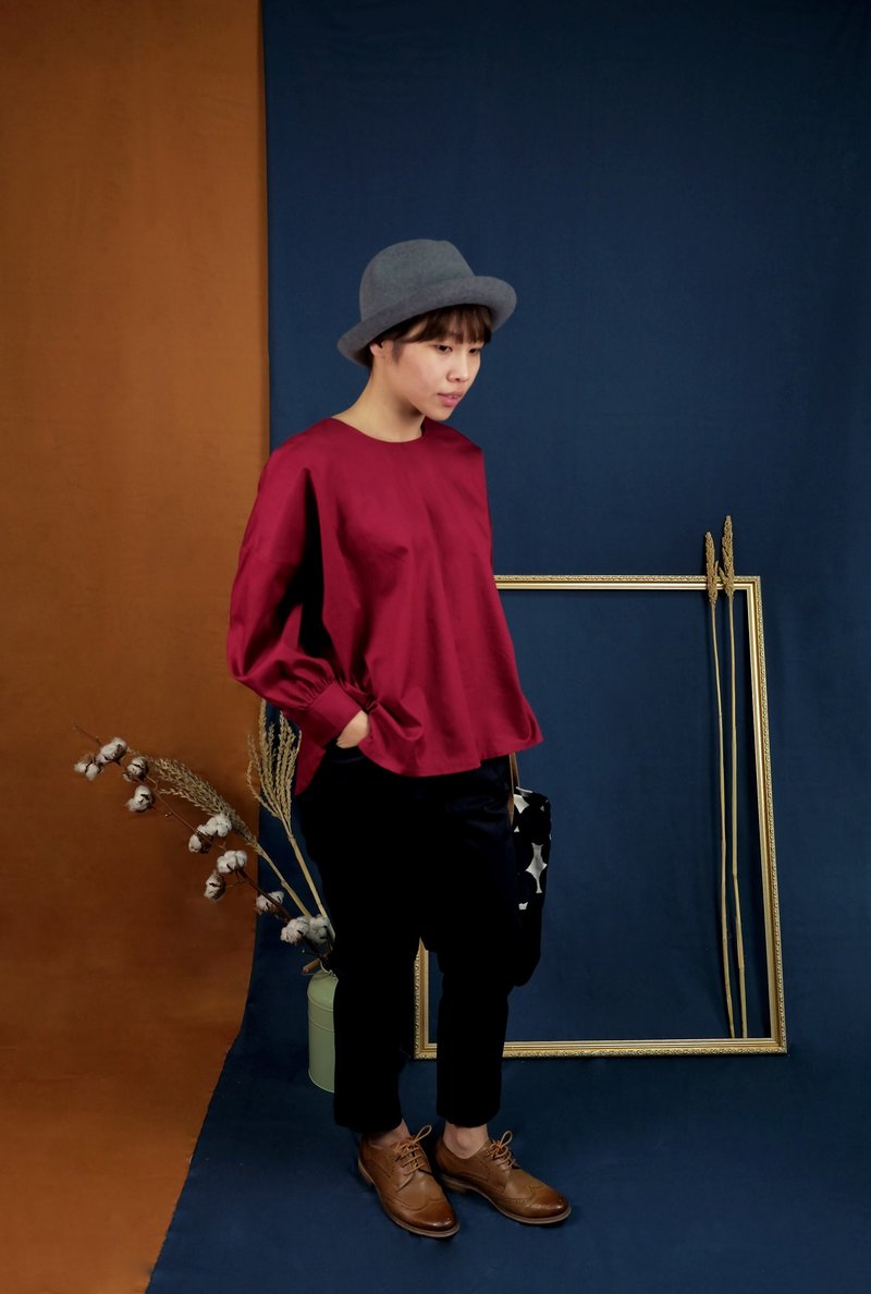 落肩泡泡袖上衣 酒红纯棉 - 女装上衣 - 棉．麻 红色