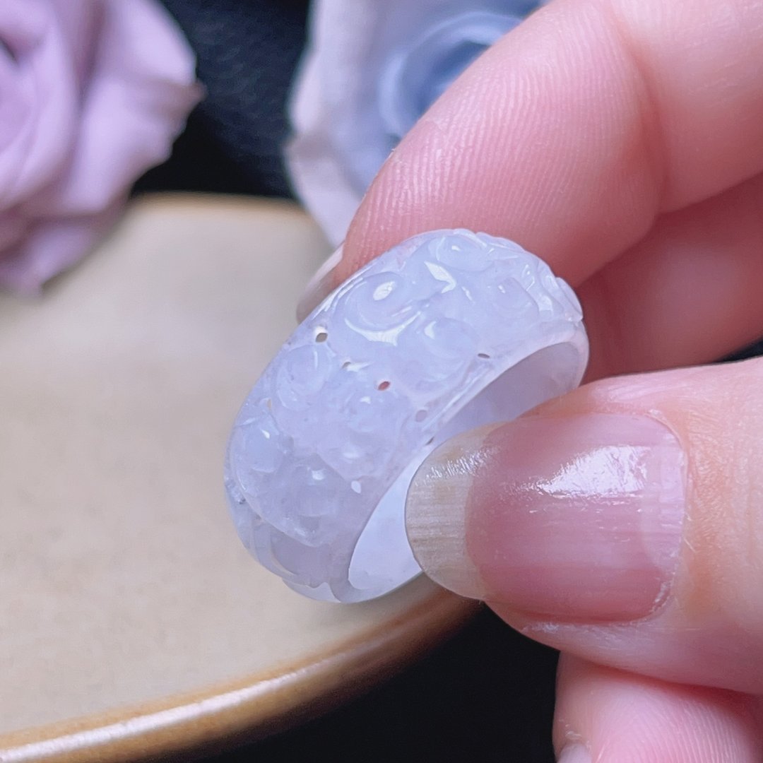 冰种白翡翡翠雕花戒圈 | 国际15围 | 天然缅甸玉翡翠A货 | 送礼 - 戒指 - 玉石 白色