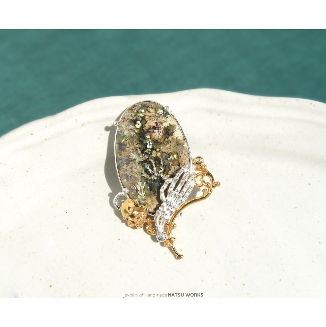 苔纹玛瑙 胸针 / Moss Plume Agate Brooch 154 - 胸针 - 宝石 绿色